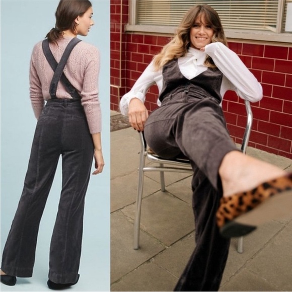 Pilcro and the Letterpress Anthropologie grey velvet flare overalls size 4 - Picture 2 of 10